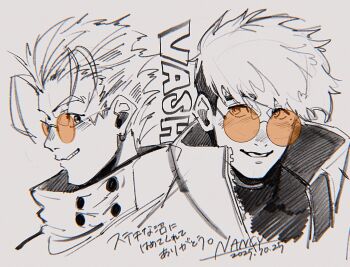 2boys artist_name character_name commentary create_nancy dated glasses hair_slicked_back highres light_blush male_focus mole mole_under_eye monochrome multiple_boys orange-tinted_eyewear parted_lips popped_collar round_eyewear short_hair sketch smile symbol-only_commentary tinted_eyewear trigun trigun_maximum trigun_stampede undercut vash_the_stampede