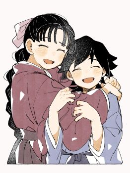 1boy 1girl blue_kimono braid child closed_eyes facing_viewer hakama hands_up highres hug japanese_clothes kimetsu_no_yaiba kimono long_hair nanase_(nanataroo_7) open_mouth pink_kimono simple_background smile spiked_hair tomioka_giyuu tomioka_tsutako white_background wide_sleeves
