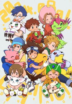 Rule 34 | agumon, animal hands, artist logo, artist name, bird, blonde hair, blue eyes, blue fur, blue hair, blue shirt, body fur, brown hair, bug, cat, closed eyes, coat, colored skin, commentary request, copyright name, dated, digimon, digimon adventure, digimon day, feathers, feng (feng efu), finger to mouth, fur coat, gabumon, gloves, gomamon, green eyes, green hat, green shirt, group picture, hand focus, hat, head wings, highres, ishida yamato, izumi koshiro, kido jo, logo, medium hair, open mouth, orange shirt, orange skin, palmon, patamon, paw gloves, pink feathers, piyomon, red eyes, reptile, sharp teeth, shirt, short hair, sleeveless, sleeveless shirt, tachikawa mimi, tailmon, takaishi takeru, takenouchi sora, teeth, tentomon, whiskers, white fur, wings, yagami hikari, yagami taichi, yellow shirt