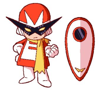 1boy alternate_costume android boots clenched_hand coat frown full_body gloves hand_on_own_hip hand_up helmet kamina_shades kawoshiki looking_at_viewer male_focus mega_man_(classic) mega_man_(series) oekaki proto_man red_coat red_helmet redesign riot_shield scarf shield solo sunglasses triangular_eyewear white_boots white_gloves yellow_eyes yellow_scarf