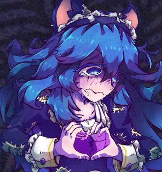 1girl alternate_costume animal_ears black_background blue_eyes blue_hair blush broken_heart cat_ears closed_mouth commentary_request dress enmaided fake_animal_ears food food_on_face gloom_(expression) heart heart_hands highres long_hair looking_down maid maid_headdress patchwork_clothes purple_dress solo tantalbo touhou upper_body wavy_mouth yorigami_shion