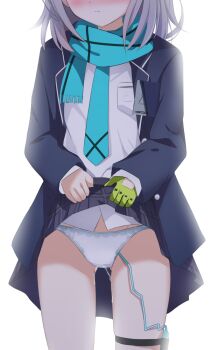 1girl black_skirt blazer blue_archive blue_jacket blue_necktie blue_scarf blush breast_pocket closed_mouth clothes_lift commentary_request cowboy_shot earrings eyes_out_of_frame facing_viewer gloves green_gloves grey_hair head_out_of_frame highres jacket jewelry kaze_(kaze_kaza) layered_sleeves lifting_own_clothes long_sleeves medium_hair miniskirt necktie nose_blush open_clothes open_jacket paid_reward_available panties partial_commentary plaid_clothes plaid_skirt pocket pussy_juice pussy_juice_drip_through_clothes scarf school_uniform sex_toy shiroko_(blue_archive) shirt simple_background single_glove skirt skirt_lift solo stud_earrings thigh_strap underwear vibrator vibrator_cord vibrator_in_thigh_strap vibrator_under_clothes vibrator_under_panties white_background white_panties white_shirt