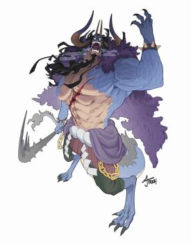 1boy abs aj_touch arm_up beard black_facial_hair black_hair bracelet cape chain club club_(weapon) dragon_boy facial_hair fangs fur_cape glowing glowing_eyes horns huge_pectorals jewelry kaidou_(one_piece) kanabou male_focus multiple_horns muscular muscular_male navel one_piece scales scar scar_on_chest simple_background solo spiked_bracelet spikes tail teeth weapon white_background