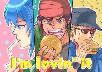 1girl bardothodol blue_eyes blue_hair burger clark_still highres leona_heidern long_hair military pale_skin ralf_jones star_(symbol) the_king_of_fighters