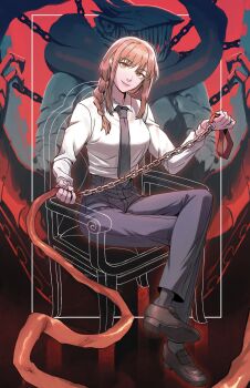 1boy 1girl absurdres black_necktie black_pants braid braided_ponytail breasts business_suit chain chain_leash chainsaw_devil chainsaw_man chair closed_mouth collared_shirt commentary facing_to_the_side formal_clothes high-waist_pants highres holding holding_leash horns intestine_clothing intestines large_breasts leash long_hair long_sleeves looking_at_viewer makima_(chainsaw_man) medium_hair necktie no_eyes office_lady open_mouth organs pants radiostarkiller red_hair ringed_eyes scarf sharp_teeth shirt shirt_tucked_in sidelocks sitting smile solo suit symbol-only_commentary teeth unworn_collar white_shirt yellow_eyes