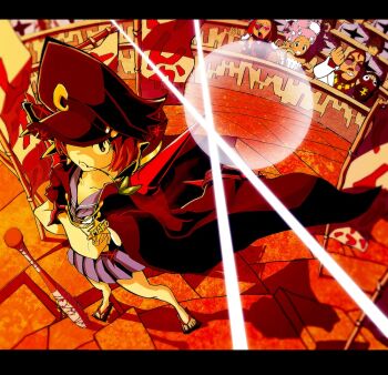 Rule 34 | 10s, 1girl, bad id, bad pixiv id, banchou, baseball bat, blue skirt, brass knuckles, crossed arms, delinquent, family, guts (kill la kill), hat, jacket, jacket on shoulders, kill la kill, lens flare, letterboxed, mankanshoku barazou, mankanshoku mako, mankanshoku matarou, mankanshoku sukuyo, nail (hardware), nail bat, reyte, rinta (reyte), sandals, short hair, skirt, spoilers, weapon