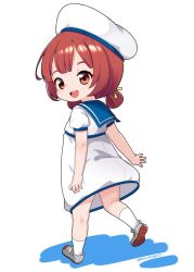 Rule 34 | 1girl, blue sailor collar, brown eyes, brown hair, dress, hair rings, hat, kaiboukan no. 4 (kancolle), kantai collection, long hair, low twintails, nassukun, open mouth, round teeth, sailor collar, sailor dress, sailor hat, shoes, short sleeves, simple background, solo, teeth, twintails, upper teeth only, uwabaki, white background, white dress, white hat