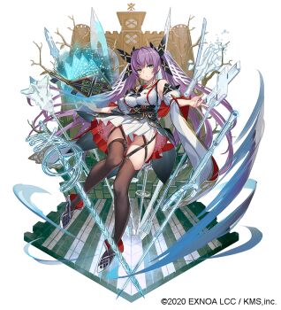 1girl 2020 :o bare_shoulders black_thighhighs book boots branch breasts broken broken_sword broken_weapon castle detached_sleeves dress floating full_body garter_straps green_eyes hair_ornament iltusa king&#039;s_cross_(mist_train_girls) large_breasts levitation long_hair magic mist_train_girls nails purple_hair serious skirt spell sword thighhighs tree twintails wand weapon white_dress