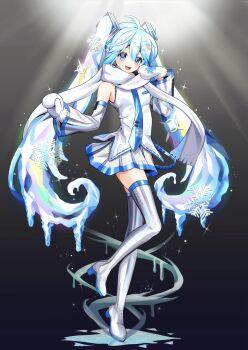 1girl ahoge aqua_hair blue_eyes blue_scarf blush boots breasts commentary detached_sleeves full_body hair_between_eyes hair_ornament happy hatsune_miku highres ice_hair icicle irasutogakari long_hair long_sleeves looking_at_viewer medium_breasts mittens multicolored_hair official_alternate_costume open_mouth pleated_skirt scarf shirt skirt sleeveless sleeveless_shirt smile snowflake_print snowflakes solo thick_thighs thigh_boots thighhighs thighs twintails very_long_hair vocaloid white_hair white_mittens white_scarf white_shirt white_skirt yuki_miku yuki_miku_(2011) zettai_ryouiki