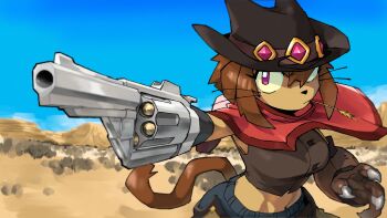 abs absurdres aiming cat_girl cat_tail cowboy_hat curvy denim desert furry gameoverse gem gloves gun handgun hat highres holding holding_gun holding_weapon jeans kit_bodega mouth_hold orly_custer pants poncho revolver stalk_in_mouth tagme tail weapon whiskers