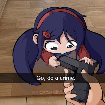 artist_name black_eyes caption chibi chibi_mita_(miside) commentary english_commentary english_text go_do_a_crime_(meme) gun hair_ornament hairband hairpin holding holding_gun holding_weapon long_hair long_sleeves meme miside mita_(miside) pov pov_hands purple_hair raised_eyebrows red_hairband red_sleeves red_sweater sweater twintails very_long_hair watermark weapon wooden_floor xfisshart