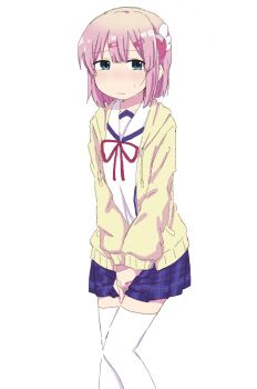 1girl averting_eyes between_legs blue_eyes blue_skirt blush chiyoda_momo closed_mouth drawstring embarrassed female_focus hair_ornament hairclip half-closed_eyes hand_between_legs hood hood_down hooded_jacket jacket long_sleeves looking_to_the_side machikado_mazoku miniskirt neck_ribbon nose_blush own_hands_together pink_hair plaid_clothes plaid_skirt pleated_skirt pocket ponnu_(tnpn2yw) raised_eyebrows red_ribbon ribbon school_uniform shirt short_hair sidelocks sideways_glance skirt solo standing thighhighs v_arms white_shirt white_thighhighs yellow_jacket