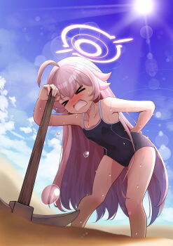 &gt;_&lt; 1girl absurdres abydos_high_school_swimsuit ahoge arm_behind_back back_pain backlighting bare_arms bare_legs bare_shoulders black_one-piece_swimsuit blue_archive blue_sky blush breasts collarbone commentary_request covered_navel day desert drawing_rak exhausted fang feet_out_of_frame hair_between_eyes halo highres holding holding_pickaxe hoshino_(blue_archive) hot huge_ahoge leaning_forward loli long_hair nose_blush official_alternate_costume one-piece_swimsuit open_mouth outdoors pickaxe pink_hair pink_halo school_swimsuit sky small_breasts solo standing sun sunlight sweat swimsuit thighs v-shaped_eyebrows very_long_hair
