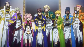 4boys 4girls anime_coloring anya_alstreim bismarck_waldstein black_boots black_gloves black_hair blonde_hair blue_eyes boots brown_hair cape code_geass dorothea_ernst gino_weinberg gloves green_cape green_eyes green_hair highres jacket knee_boots knights_of_the_round_uniform kururugi_suzaku luciano_bradley monica_kruszewski multiple_boys multiple_girls nonette_enneagram official_art orange_cape orange_hair pants pink_hair purple_cape red_cape red_eyes skirt white_cape white_jacket white_pants white_skirt
