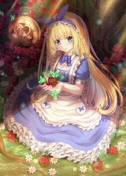 Rule 34 | 1girl, alice's adventures in wonderland, apron, blonde hair, blue bow, blue dress, blue eyes, blue hairband, blue ribbon, bow, braid, closed mouth, commentary request, dress, flower, frilled apron, frilled dress, frilled hairband, frills, gears, hair bow, hair ribbon, hairband, heart, highres, holding, holding flower, long hair, looking at viewer, on grass, original, pocket, puffy short sleeves, puffy sleeves, red flower, red rose, ribbon, roman numeral, rose, short sleeves, smile, solo, toshi (1-147), tree, very long hair, white apron, white flower