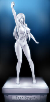 1girl 2014 arm_above_head arm_up armpits barefoot breasts breasts_apart character_name cleft_of_venus clenched_hand collarbone colored_eyebrows colored_eyelashes colored_nipples colored_sclera colored_skin completely_nude contrapposto english_text eyebrows_hidden_by_hair female_focus full_body furrowed_brow gluteal_fold gradient_background grey_hair grey_nipples grey_sclera grey_skin grey_tongue groin hair_between_breasts hair_over_one_eye hand_up legs_apart long_hair long_sidelocks looking_at_viewer navel ningyoushi nipples no_irises no_pupils nude open_hand open_mouth outstretched_arms pedestal petrification pupiless_eyes pussy sidelocks solid_eyes solo spread_fingers standing statue swept_bangs tales_of_(series) tales_of_the_abyss tear_grants teeth tongue transformation