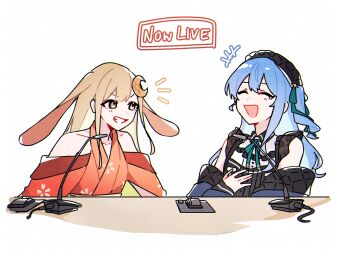 2girls animal_ears bare_shoulders black_hat blonde_hair blue_eyes blue_hair cho_kaguya-hime! collarbone commentary crescent crescent_hair_ornament crossover desk_microphone detached_sleeves english_commentary english_text grin hair_ornament hat highres hololive hoshimachi_suisei hoshimachi_suisei_(casual) kaguya_(cho_kaguya-hime!) kiel_adair lace lace_sleeves laughing long_hair lop_rabbit_ears multiple_girls official_alternate_costume open_mouth orange_eyes rabbit_ears simple_background smile table tearing_up upper_body virtual_youtuber white_background