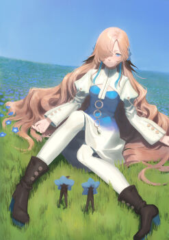 1girl absurdres asymmetrical_bangs black_boots blue_dress blue_eyes blue_flower blue_sky boots brown_hair closed_mouth commentary_request dozamon_(doze_amon) dress field flower flower_field gradient_clothes gradient_dress hair_flower hair_ornament hair_over_one_eye high_heel_boots high_heels highres isekaijoucho isekaijoucho_(nemophila) juliet_sleeves kamitsubaki_studio light_smile long_bangs long_hair long_sleeves looking_at_viewer official_alternate_costume on_grass outdoors pantyhose puffy_sleeves shrug_(clothing) side_part sky smile solo very_long_hair virtual_youtuber white_dress white_pantyhose white_shrug