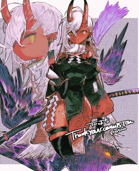 1girl akumi_(yoclesh) bow breasts colored_skin commission earrings hair_between_eyes horns jewelry long_hair looking_at_viewer oni pdozip pointy_ears red_horns red_oni red_skin scar scar_on_face scar_on_leg skeb_commission smile solo sword virtual_youtuber vyugen weapon white_hair yellow_eyes