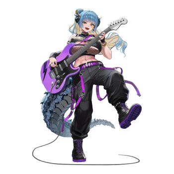 Rule 34 | 1girl, abs, aqua eyes, aqua hair, aqua nails, belt, black boots, black horns, black pants, black shirt, black sleeves, blonde hair, blunt bangs, blunt ends, boots, breasts, chain, chain bracelet, colored inner hair, crop top, detached sleeves, diamond-shaped pupils, diamond (shape), dragon girl, dragon horns, dragon tail, earrings, electric guitar, fafnir (last origin), fang, fishnet top, fishnets, flame print, full body, gold chain, gradient eyes, guitar, hair rings, highres, hime cut, holding, holding guitar, holding instrument, holding plectrum, hoop earrings, horns, huge breasts, instrument, jewelry, large tail, last origin, leg up, long hair, looking at viewer, mechanical horns, mechanical tail, multicolored eyes, multicolored hair, muscular, muscular female, music, nail polish, navel, non-web source, official alternate costume, official art, open mouth, pants, playing instrument, plectrum, ponytail, purple belt, purple boots, ring, shirt, simple background, single detached sleeve, solo, standing, standing on one leg, star (symbol), star sticker, sticker, sticker on face, studded armlet, symbol-shaped pupils, tachi-e, taesi, tail, torn clothes, torn shirt, transparent background, underboob, v-shaped eyebrows, yellow eyes