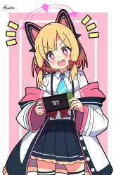 Rule 34 | 1girl, :d, absurdres, animal ear headphones, animal ears, artist name, black skirt, blonde hair, blue archive, blue necktie, blush, bow, cat ear headphones, commentary request, fake animal ears, hair bow, halo, handheld game console, headphones, hendra, highres, holding, holding handheld game console, jacket, long sleeves, looking at viewer, momoi (blue archive), necktie, nintendo switch, open mouth, pink background, pink eyes, pink halo, pleated skirt, red bow, shirt, short hair, skirt, smile, standing, teeth, thighhighs, thighs, upper teeth only, white jacket, white shirt, zettai ryouiki