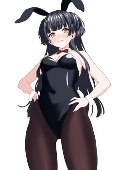 1girl alternate_costume animal_ear_hairband animal_ears arothir_illust1 black_hair black_leotard black_pantyhose blush bow bowtie breasts cleavage commentary_request detached_collar fake_animal_ears gluteal_fold hairband hands_on_own_hips highres idolmaster idolmaster_shiny_colors leotard long_hair looking_at_viewer mayuzumi_fuyuko nose_blush pantyhose playboy_bunny rabbit_ear_hairband rabbit_ears red_bow red_bowtie simple_background small_breasts solo strapless strapless_leotard very_long_hair white_background wrist_cuffs