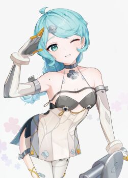 1girl arched_back bare_shoulders blue_eyes blush breasts chiiiiii1129 clothing_cutout collarbone commentary_request covered_navel cowboy_shot dress elbow_gloves floral_print flower_hairpin gloves head_tilt highres leaning_on_object long_hair looking_at_viewer mole mole_on_shoulder one_eye_closed parted_bangs salute see-through_dress_layer seed_(zenless_zone_zero) segway small_breasts smile solo thigh_cutout white_background white_dress white_gloves zenless_zone_zero