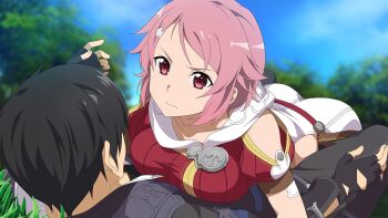 1boy 1girl bad_id bad_yandere_id black_gloves black_hair black_pants blue_sky blurry blurry_background breast_press breasts clothing_cutout collarbone day fingerless_gloves freckles girl_on_top gloves hair_ornament hairclip highres kirito lisbeth_(sao) looking_at_another lying medium_breasts on_back outdoors pants pink_hair red_eyes short_hair shoulder_cutout sky sword_art_online sword_art_online:_hollow_realization white_pants