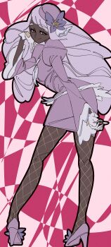 Rule 34 | 1girl, absurdres, ascot, dark-skinned female, dark skin, dress, fascinator, fishnet pantyhose, fishnets, frilled ascot, frills, full body, gloves, highres, holding, holding poke ball, jacinthe (pokemon), juliet sleeves, kogorooz, long hair, long sleeves, looking at viewer, low drills, mega stone, muted color, nintendo, pantyhose, poke ball, pokemon, pokemon legends: z-a, puffy sleeves, purple dress, purple eyes, purple hair, red background, shoes, solo, very dark skin, white gloves