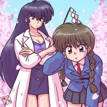 Rule 34 | 2girls, blouse, braid, breasts, cleavage, collared shirt, creator connection, crossover, day, gohei, hair between eyes, hand on own head, kyoukai no rinne, long hair, mamiya sakura, miniskirt, multiple girls, name connection, outdoors, purple shirt, sakura (urusei yatsura), shirt, skirt, twin braids, urusei yatsura, very long hair, wanta (futoshi), white shirt