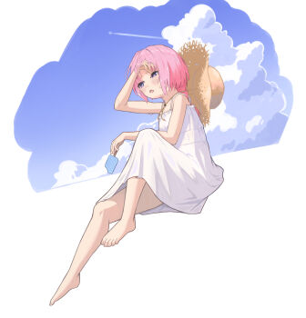 1girl aircraft airplane bare_shoulders barefoot blue_sky blush bread cloud cloudy_sky collarbone commentary contrail day dress feet food hand_on_own_forehead hat highres holding holding_food holding_popsicle hot kaf_(kamitsubaki_studio) kamitsubaki_studio medium_hair open_mouth pink_hair popsicle purple_eyes sky solo straw_hat sunamochi sundress sweat thighs toes virtual_youtuber white_dress yellow_hat yellow_pupils