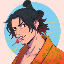 Rule 34 | 1boy, beard stubble, black hair, blue background, chonmage, circle, commentary, dango, ellie mehl, english commentary, facial hair, food, freckles, highres, japanese clothes, kimono, looking at viewer, male focus, one piece, orange kimono, portgas d. ace, sanshoku dango, sidelocks, solo, stubble, topknot, upper body, wagashi