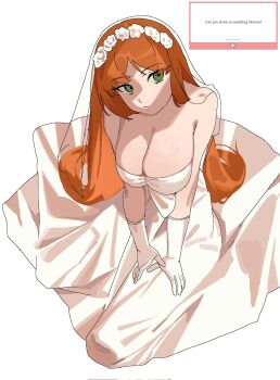 1girl breasts bridal_veil cleavage dress from_below gloves green_eyes highres ishmael_(project_moon) large_breasts limbus_company looking_at_viewer looking_up project_moon request_inset simple_background sitting solo veil wariza wedding_dress white_background white_dress white_gloves yongsadragon