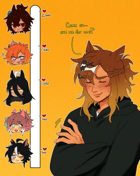 6+girls absurdres agnes_tachyon_(umamusume) animal_ears black_hair black_hoodie blue_eyes braid character_request closed_mouth commentary crossed_arms english_commentary english_text fuji_kiseki_(umamusume) half_up_braid highres hood hoodie horse_ears horse_girl jungle_pocket_(umamusume) kiss_meter_(meme) manhattan_cafe_(umamusume) meme multiple_girls one_eye_closed orange_background orange_hair pink_hair purple_eyes raccrows red_eyes scar scar_on_face scar_on_nose smile t.m._opera_o_(umamusume) umamusume white_streaks yellow_eyes