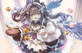 1girl :d ahoge black_hair blush coffeeeern commentary cookie cup decora donut english_commentary enna_alouette enna_alouette_(maid) floating_hair food head_wings holding holding_plate long_bangs looking_at_viewer low_wings macaron maid maid_headdress mittens multicolored_hair nijisanji nijisanji_en open_mouth plate purple_eyes purple_hair single_mechanical_wing smile solo sparkle streaked_hair tea tea_set teacup teapot two_side_up virtual_youtuber wings
