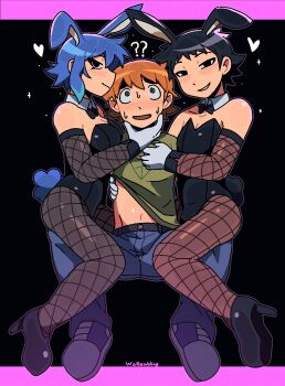 1girl 2boys ? ?? @_@ animal_ears bisexual_male black_eyes black_hair black_leotard black_shoes blue_hair blush boy_and_girl_sandwich breasts bulge cleavage clothes_lift commentary confused crossdressing crossdressing_(mtf) denim english_commentary fishnet_pantyhose fishnets green_shirt heart high_heels highres jeans kemonomimi_mode leotard looking_at_viewer male_playboy_bunny medium_breasts multiple_boys open_mouth orange_hair pants pantyhose playboy_bunny rabbit_boy rabbit_ears rabbit_girl rabbit_tail ramona_flowers sandwiched scott_pilgrim scott_pilgrim_(series) scott_pilgrim_takes_off shirt shirt_lift shoes short_hair sitting sitting_on_person smile smug sweatdrop tail wallace_wells warambling