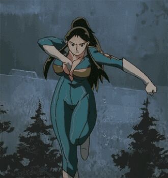 1990s_(style) 1girl animated animated_gif anime_screenshot black_hair bodysuit boots breasts cleavage female_focus giant_robo ginrei_(giant_robo) high_ponytail large_breasts long_hair lowres m1_bazooka no_bra ponytail pulling retro_artstyle rocket_launcher solo tree weapon what white_boots