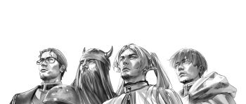 4boys absurdres beard capelet cloak commentary copyright_request cosplay eisen_(sousou_no_frieren) eisen_(sousou_no_frieren)_(cosplay) elf english_commentary expressionless facial_hair fake_horns frieren frieren_(cosplay) glasses goatee hair_over_shoulder heiter heiter_(cosplay) helmet highres himmel_(sousou_no_frieren) himmel_(sousou_no_frieren)_(cosplay) hood hooded_cloak horned_helmet horns hyde_(tabakko) long_beard long_hair long_pointy_ears male_focus mole mole_under_eye multiple_boys negative_space pointy_ears rectangular_eyewear robe simple_background sousou_no_frieren tunic twintails upper_body upward_angle_frieren_drawing_(meme) white_background