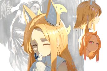 1girl 1other ^_^ absurdres angel_statue animal animal_ear_fluff animal_ears atrxa bird blonde_hair blue_archive capelet closed_eyes commentary detached_sleeves english_commentary extra_ears fox_ears from_side halo highres kiss kissing_animal long_hair long_sidelocks looking_at_viewer multicolored_eyes multiple_views pink_eyes seia_(blue_archive) shirt sidelocks sleeveless sleeveless_shirt sleeves_past_fingers sleeves_past_wrists smile statue tit_(bird) white_bird white_capelet yellow_eyes yellow_halo