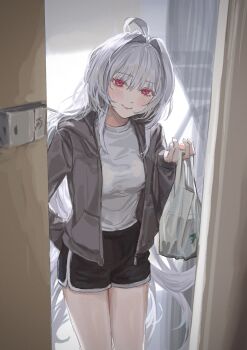 1girl ahoge arm_behind_back bag breasts cherroppi commentary_request cowboy_shot dolphin_shorts fate/grand_order fate_(series) grey_jacket hair_intakes highres jacket korean_commentary lady_avalon_(fate) long_hair looking_at_viewer medium_breasts merlin_(fate/prototype) open_clothes open_door open_jacket red_eyes shirt shorts smile solo unzipped very_long_hair white_hair white_shirt