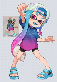 Rule 34 | 1girl, arms up, backwards hat, baseball cap, bike shorts, blue hair, blue sandals, blue shirt, commentary request, game screenshot inset, gradient hair, grey background, hat, highres, inkling, inkling girl, inkling player character, knees together feet apart, long hair, looking at viewer, multicolored hair, multiple views, nintendo, open mouth, pigeon-toed, pink eyes, pink hair, pink shirt, pointy ears, print shirt, reference inset, sabata saba, sandals, screenshot inset, shirt, simple background, smile, splatoon (series), splatoon 3, t-shirt, tentacle hair, toes, two-tone hair, two-tone shirt, very long hair, watermark