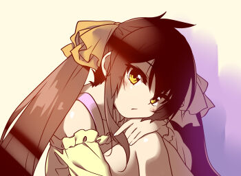 Rule 34 | 1girl, bare shoulders, black hair, commentary request, expressionless, fuu (koneko no yomeiri), head rest, highres, idolmaster, idolmaster cinderella girls, knees to chest, long hair, looking at viewer, matoba risa, off-shoulder shirt, off shoulder, shirt, sitting, solo, twintails, yellow eyes