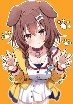 1girl :3 absurdres animal_ears blush bone_hair_ornament breasts brown_eyes brown_hair claw_pose cleavage closed_mouth collar dog_ears dog_girl dress fang hair_ornament highres hololive hosinonana inugami_korone inugami_korone_(1st_costume) jacket medium_breasts nail_polish red_collar smile solo virtual_youtuber white_dress yellow_background yellow_jacket yellow_nails