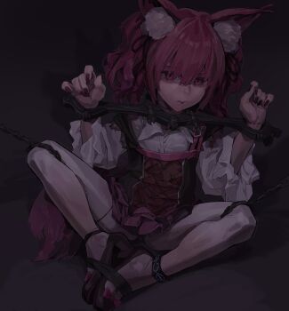 1girl a_tea animal_ear_fluff animal_ears arknights bdsm bondage bound breasts closed_mouth copyright_request dress fox_ears fox_girl fox_tail frilled_dress frilled_sleeves frills hair_ornament high_heels highres infection_monitor_(arknights) long_hair looking_at_viewer pantyhose pillory pink_eyes pink_hair red_eyes red_hair separated_legs shamare_(arknights) shirt sitting small_breasts solo tail twintails white_pantyhose white_shirt