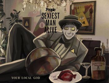 Rule 34 | 1boy, bags under eyes, bill cipher, black hair, bow, bowtie, chandelier, colored sclera, commentary, cup, drinking glass, english commentary, evil grin, evil smile, fedora, gravity falls, grey vest, grin, half-closed eye, hat, heart (organ), highres, indoors, knee up, looking at viewer, n0cturnalcm, personification, photo background, plant, poison, portrait (object), potted plant, shirt, short hair, slit pupils, smile, solo, striped clothes, striped shirt, vest, wine glass, yellow sclera