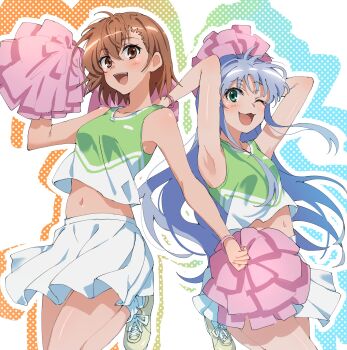 2girls :3 :d ;d anime_coloring armpits arms_up asymmetrical_bangs blush breasts brown_eyes brown_hair cheerleader ci31205 commentary_request crop_top green_eyes grey_hair highres holding holding_pom_poms index_(toaru_majutsu_no_index) long_hair looking_at_viewer midriff miniskirt misaka_mikoto multiple_girls navel official_alternate_costume official_style one_eye_closed open_mouth pleated_skirt pom_pom_(cheerleading) pom_poms shirt shoes short_hair simple_background skirt sleeveless sleeveless_shirt small_breasts smile sneakers socks standing standing_on_one_leg toaru_majutsu_no_index toaru_majutsu_no_index:_imaginary_fest toaru_majutsu_no_index:_old_testament white_skirt white_socks