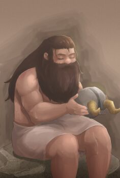 1boy absurdres beard closed_eyes derivative_work dungeon_meshi dwarf facial_hair feet_out_of_frame helmet highres long_beard mai_owmy male_focus mustache sauna screenshot_redraw senshi_(dungeon_meshi) sitting solo sweat thick_mustache toned toned_male topless_male towel undressing unworn_headwear unworn_helmet very_long_beard