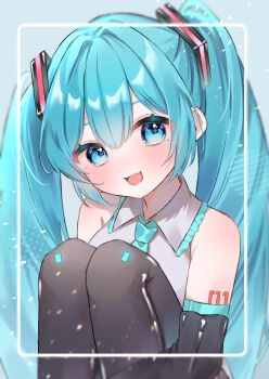 1girl aqua_trim arm_tattoo blush collared_shirt commentary_request grey_shirt hair_between_eyes hair_ornament hatsune_miku highres long_hair looking_at_viewer mokoinu_(pixiv_27216243) number_tattoo open_mouth shirt smile solo tattoo twintails very_long_hair vocaloid