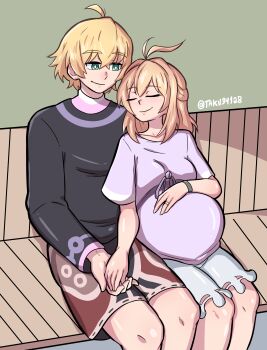 1boy absurdres big_belly blonde_hair blue_eyes bow breasts closed_eyes fiora_(xenoblade) highres holding_hands jewelry long_hair medium_breasts pink_shirt pregnant ring shirt short_hair shorts shulk_(xenoblade) sitting smile sweater taku34128 wedding_band xenoblade_chronicles_(series) xenoblade_chronicles_1