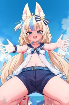 1girl :d absurdres ahoge animal_ear_fluff animal_ears barefoot beach belt bikini bikini_bottom_under_shorts bikini_under_clothes blonde_hair blue_belt blue_bikini blue_eyes blue_hair blue_sailor_collar blue_shorts blue_sky blunt_bangs cat_ears cloud commentary day english_commentary fins fish_girl fish_tail flat_chest frilled_shirt_collar frills front_slit halterneck highleg highleg_bikini highres indie_virtual_youtuber kneeling lifebuoy_hair_ornament loli long_hair looking_at_viewer low_twintails multicolored_hair navel one_side_up open_mouth outdoors outstretched_arms partially_unbuttoned reaching reaching_towards_viewer sailor_collar sameko_saba shirt short_shorts shorts sky sleeveless sleeveless_shirt smile solo streaked_hair striped_bikini striped_clothes swimsuit tail teeth toes twintails unstableboiler upper_teeth_only very_long_hair virtual_youtuber white_hair white_shirt